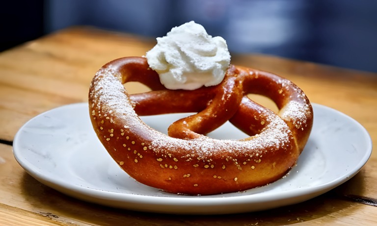 A large freshly baked coffee pretzel