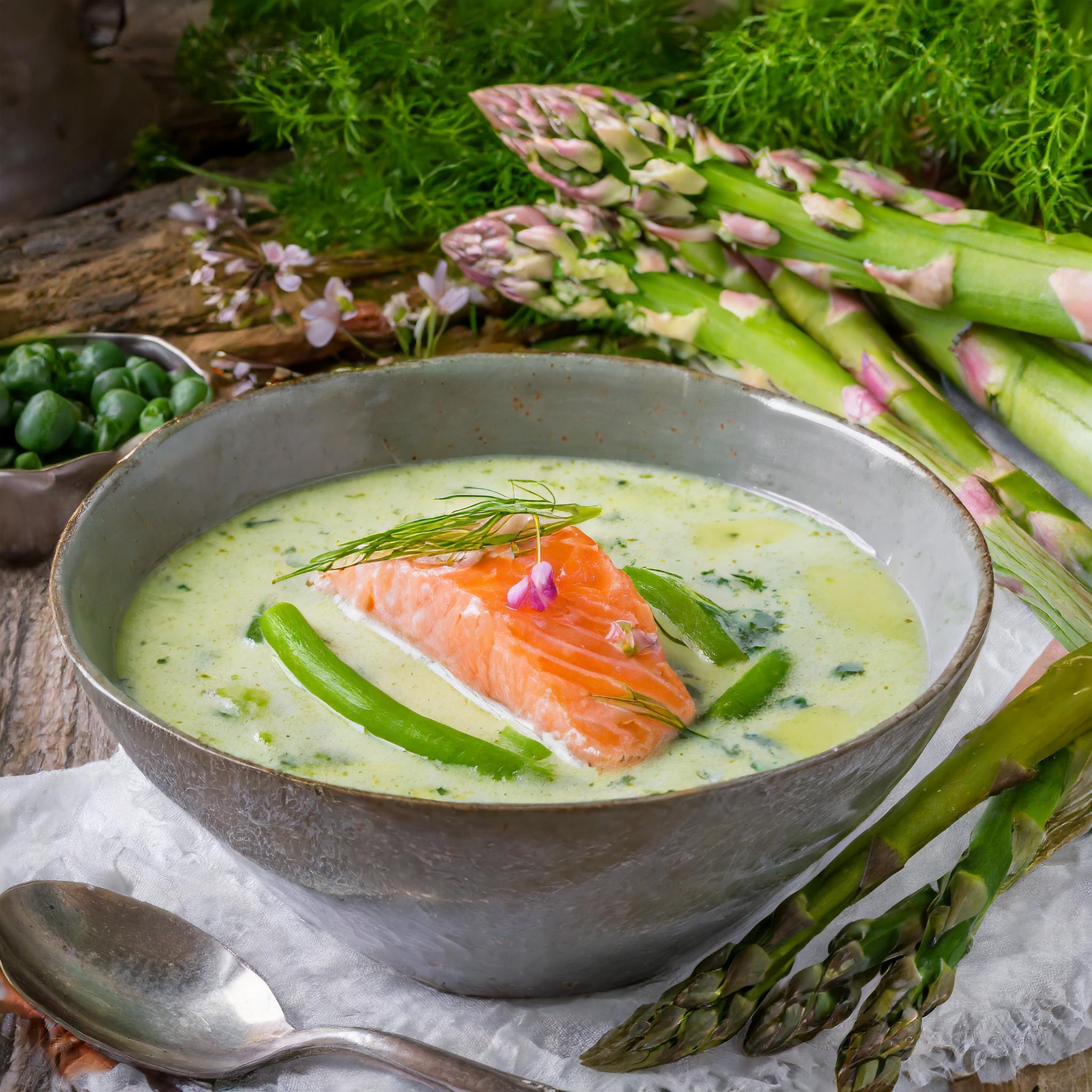 Bärlauchcremesuppe mit Lachs und grünem Spargel